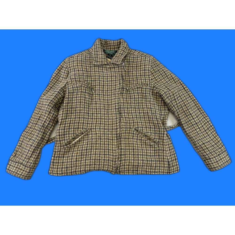 LAUREN RALPH Vintage Plaid Wool Jacket Womens 12P Beige Black Long Fleece